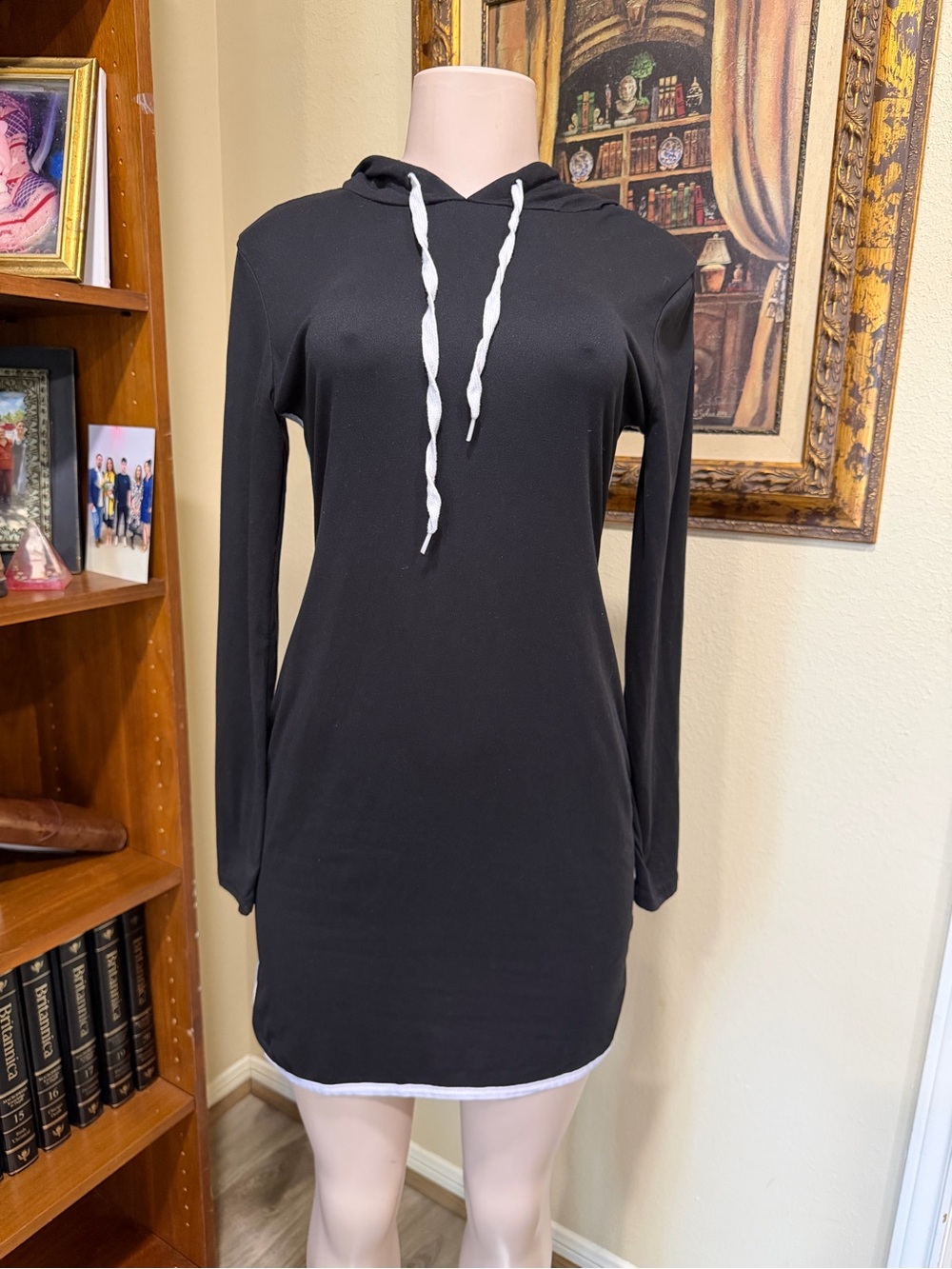 J for Justify Black Long-Sleeve Hoodie Dress with White Drawstrings
